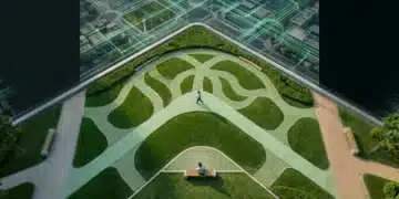 Unpacking Digital Lifestyle Choices: A Comparative Analysis of Modern Approaches Aerial view of a city park with a person on a winding path, overlaid with glowing green data networks and a section depicting a person engaged in digital minimalism, illustrating diverse digital lifestyles.