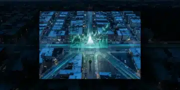 Unraveling Economic Shifts: A Data-Driven Analysis of Modern Market Dynamics Aerial view of a city grid at twilight with a person walking, overlaid with glowing green data patterns and holographic financial charts, symbolizing data-driven economic analysis.