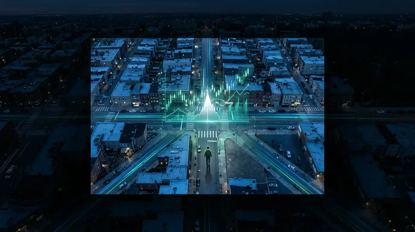 Aerial view of a city grid at twilight with a person walking, overlaid with glowing green data patterns and holographic financial charts, symbolizing data-driven economic analysis.