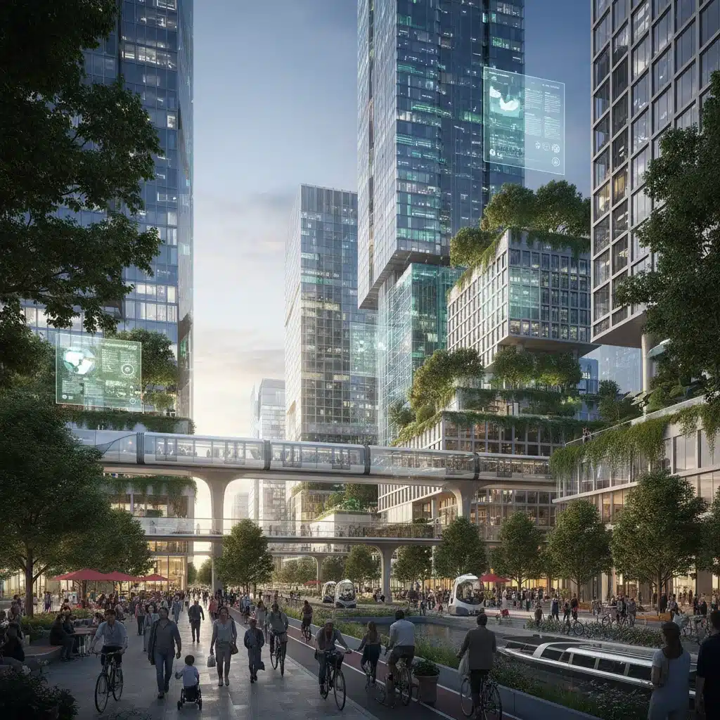 Smart city hub with mixed-use buildings, vertical farms, and efficient public transport.