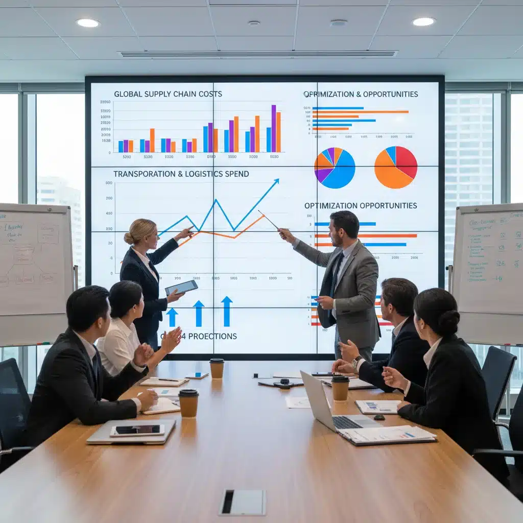 Business professionals analyzing supply chain data and cost projections on a large screen.