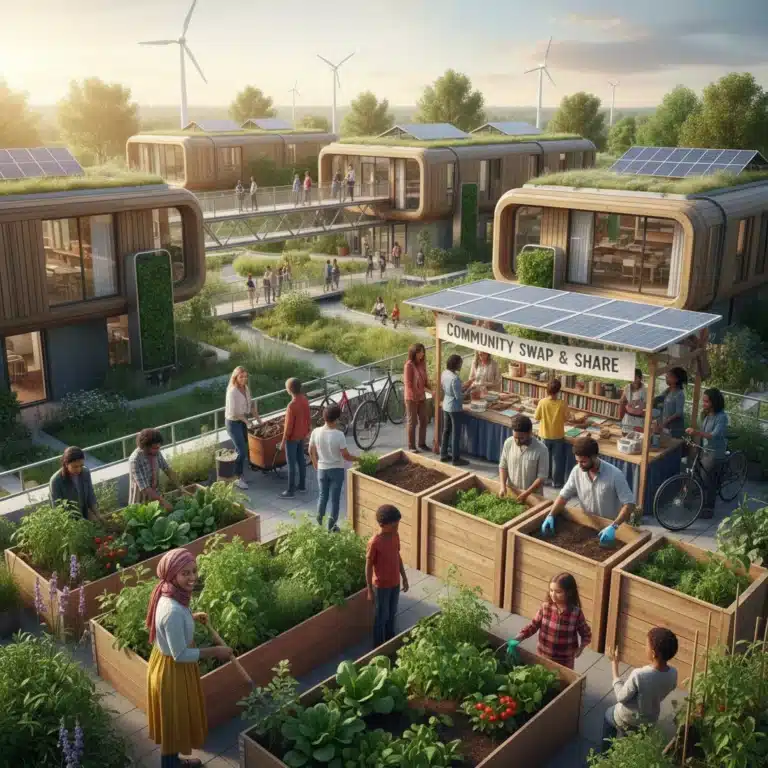 Community engaging in sustainable living practices like gardening and composting