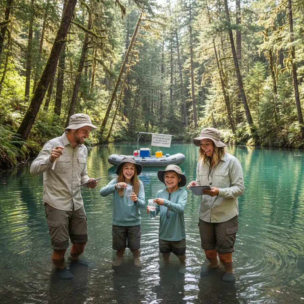 Family participating in a citizen science project by a lake, promoting sustainable travel.