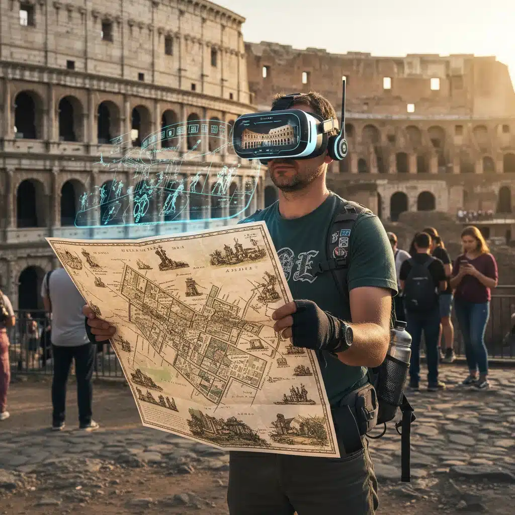 Traveler using VR headset to explore a historical landmark, blending technology and physical travel.
